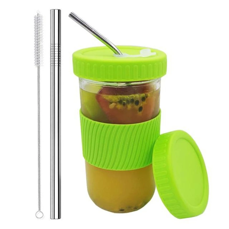 

Reusable Smoothie Cups Boba Tea Cups with Lid and Straw Bubble Tea Cup Glass Tumbler Travel Mug Wide Mouth Mason Jar Cup