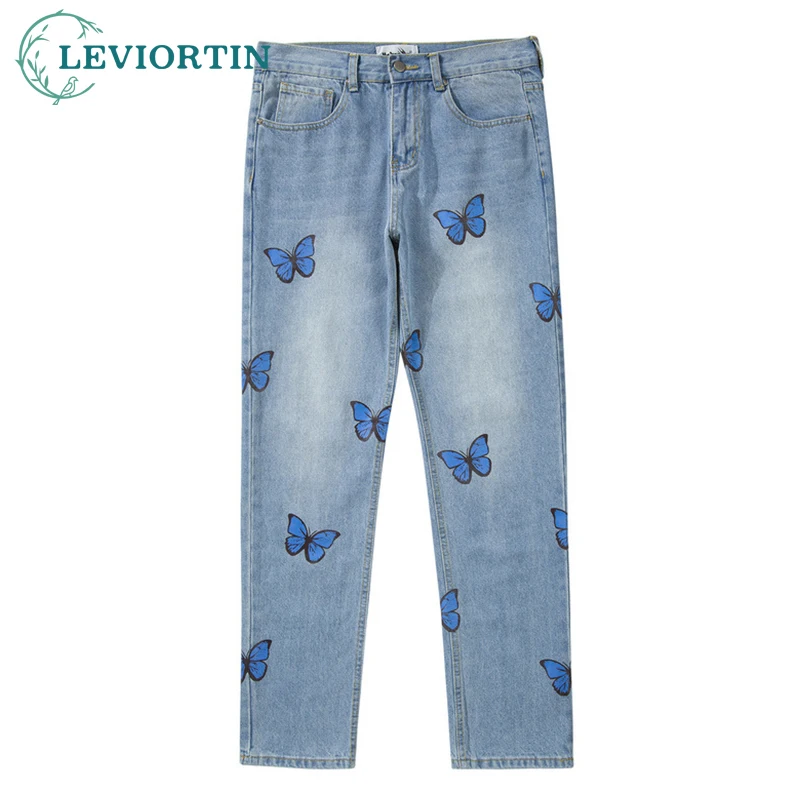 

Hip Hop Harajuku Print Butterfly Washed Blue Jenas Pants Mens Retro Straight Vibe Style Ripped Casual Denim Trousers Oversized