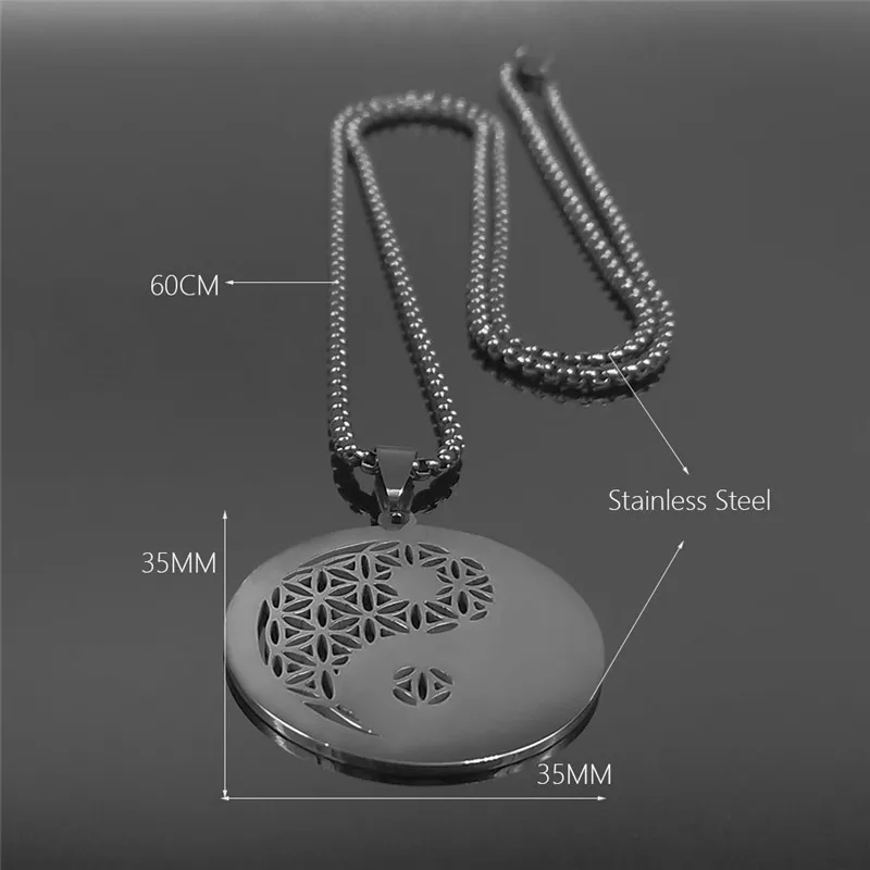 

Yin Yang Gossip Flower of Life Stainless Steel Necklaces for Men Black Color Long Chain Necklace Jewelry collier homme NXS01