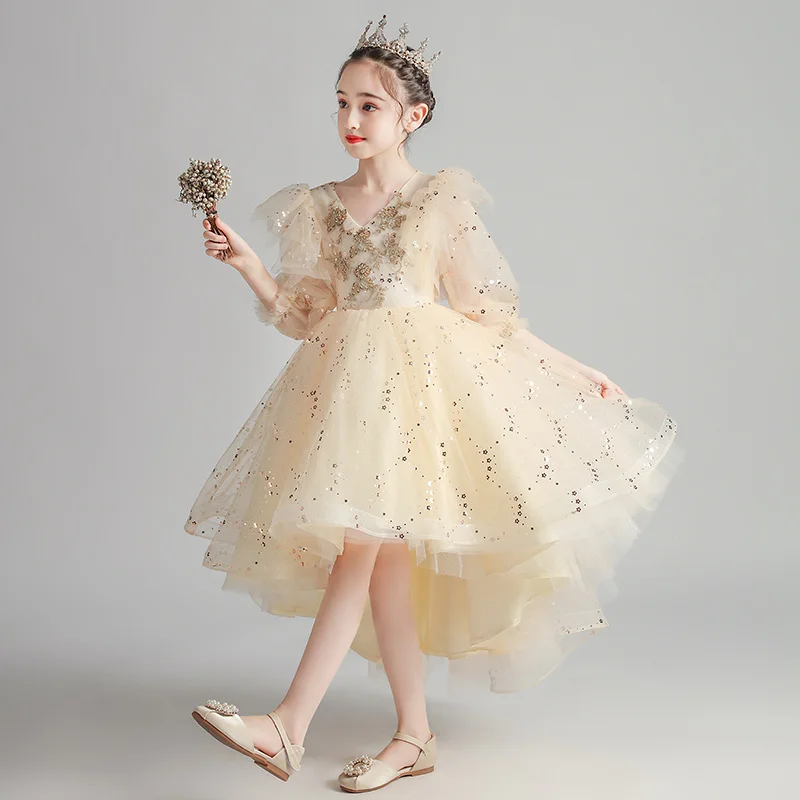 

Luxury Champagne High Low Formal Gowns For Girls Elegant V-Neck Sequin Tulle Puffy Flower Girl Dresses