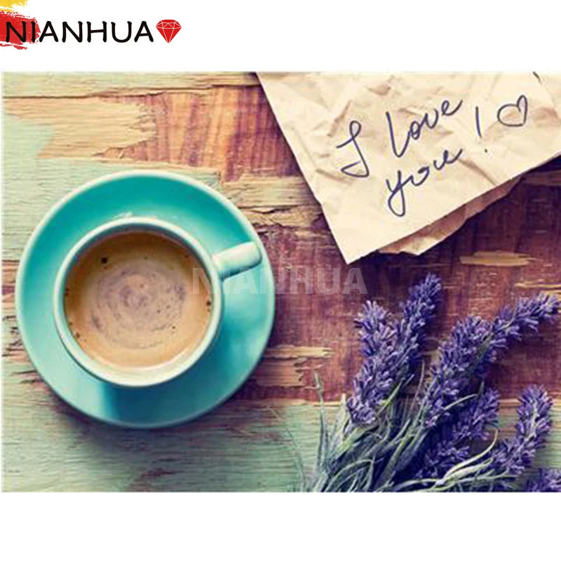 

5D Diamond Painting Kit Coffee Cup And Lavender Love You Landscape Mosaic Handmade DIY Mural Photo Square Round Gift Home