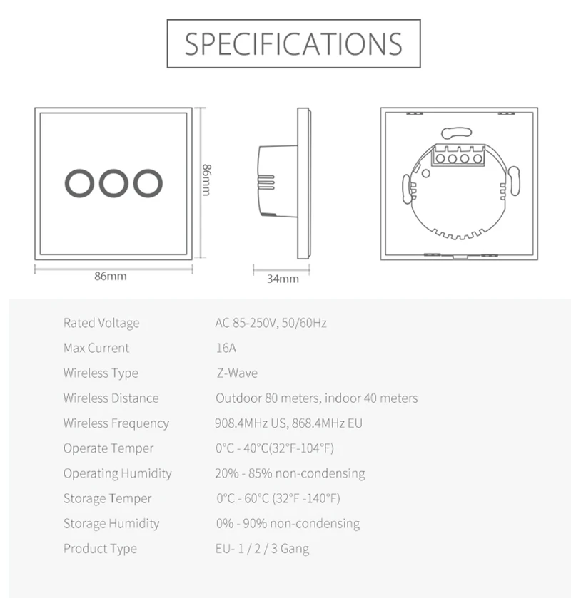 NEO COOLCAM 4 шт./лот Z-wave Plus 3 банды ЕС 868,4 МГц настенный выключатель света для домашней автоматизации настенный выключатель света сенсорный контроль