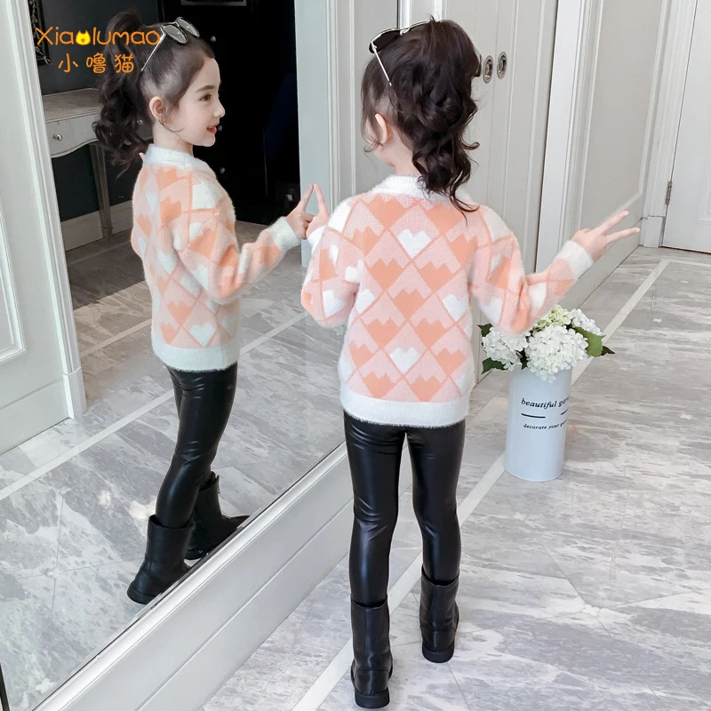 

Sweater girl girl autumn clothes for girls Heart chart lattice High Elastic tops cute Black and white knitted sweaters 5-16y