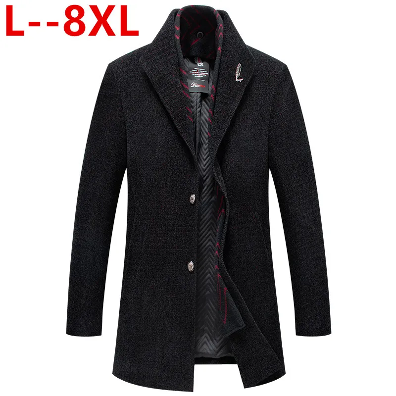 

6XL Plus 10XL Men's 8XL Wool Coat Winter Warm Solid Color Long Trench Jacket Male Single Breasted Business Casual Overcoat Parka