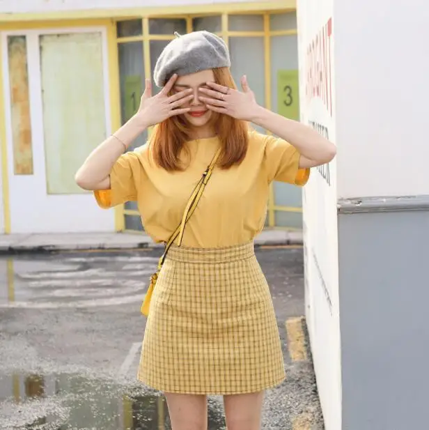 Летняя новая юбка в стиле преппи женские желтые клетчатые юбки с высокой талией