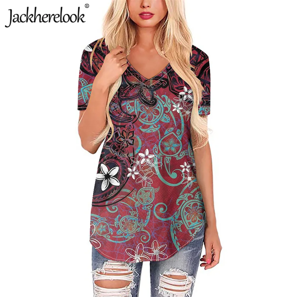 

Jackherelook Short Sleeve Blouse Shirt Women Casual V Neck Tops Polynesian Tribal Hibiscus Plumeria Design Female Shirts Blusa