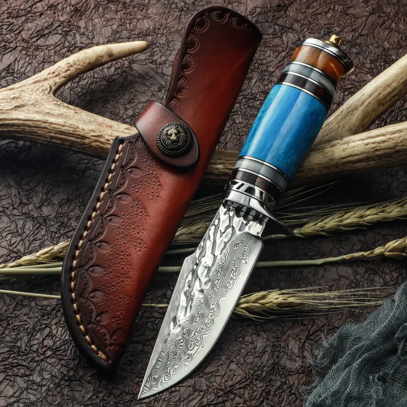 Hunting Knife Damascus Fixed Blade Tactical Outdoor Knife Sharp Camping Survival Knives Portable Camel Bone Handle Blue