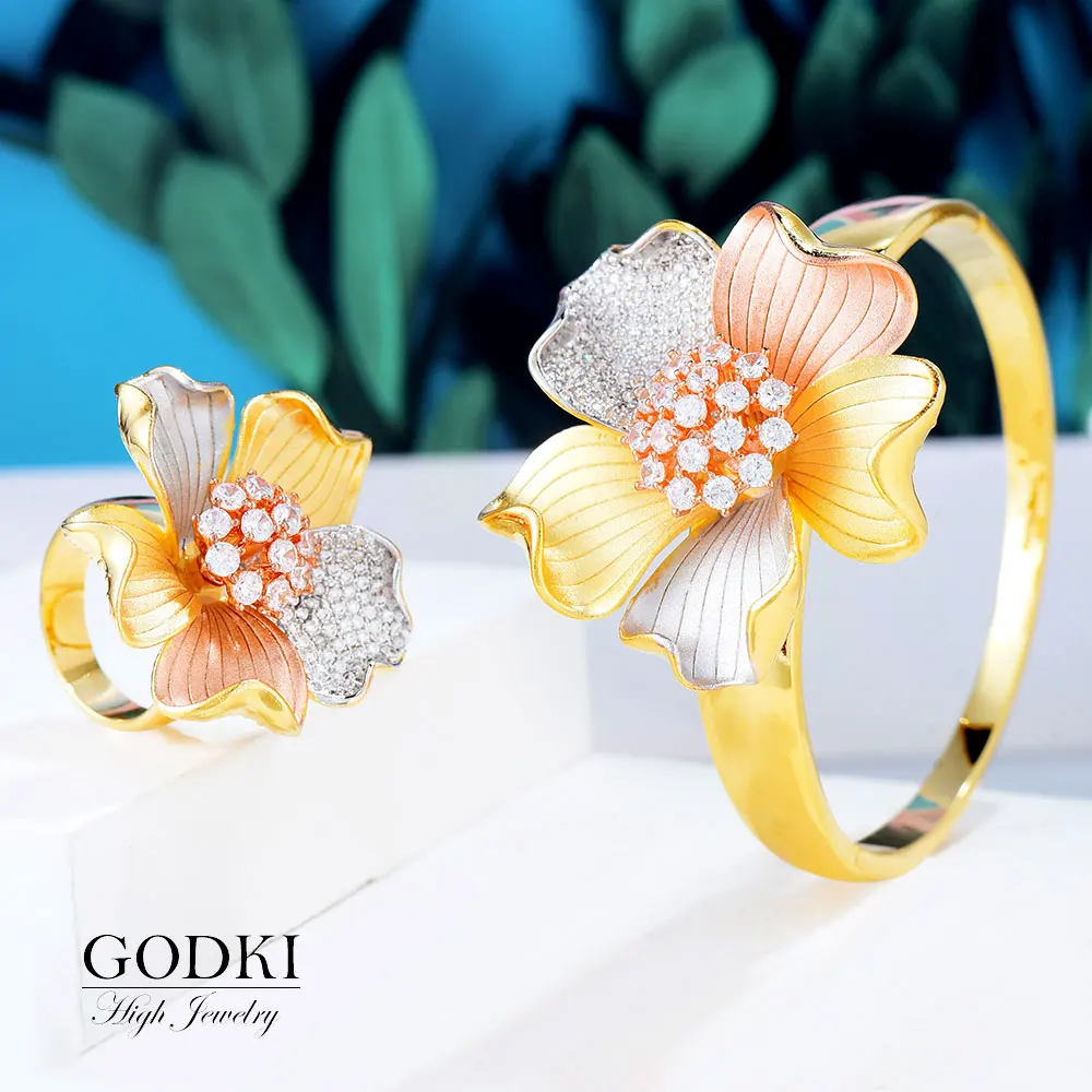 

GODKI Trendy Luxury Tricolor Flower Statement Bangle Ring Set Jewelry Sets For Women Wedding Cubic ZirconIA Dubai Party Bracelet