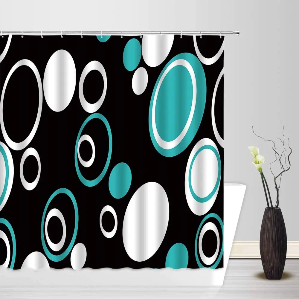Black White Blue Teal Polka Dots Abstract Bubbles Creative 3d Modern Fabric Bath Decor Sets With Hook