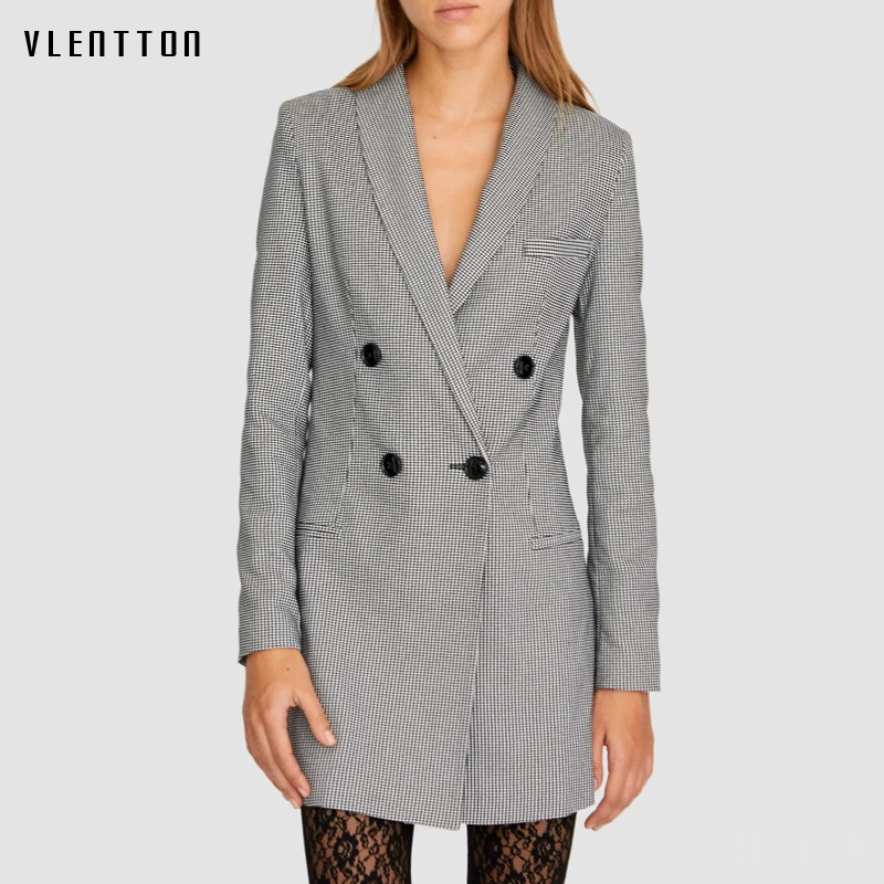 Женский твидовый пиджак с V образным вырезом в клетку|Женские пиджаки| |