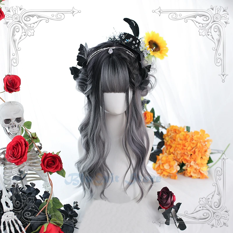 

Gradual Black Gray Lolita Wig JK Harajuku Fairy Short Wave Curly Sweet Bangs Girls Cosplay Synthetic Hair
