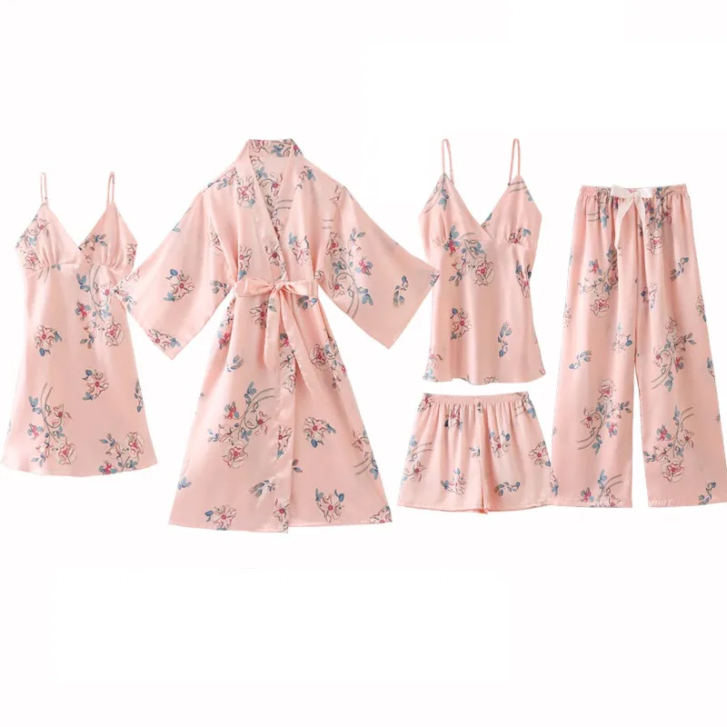 

Women Sleep Set Intimate Lingerie Nightwear 5PCS Pajamas Suit Satin Pyjamas Spring Autumn New Nightgown Satin Homewear