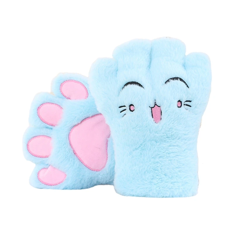 

Women Lolita Anime Cartoon Cat Paw Embroidery Half Finger Gloves Winter Warm Plush Stuffed Cosplay Fingerless Mittens