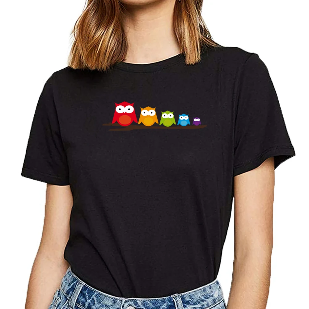 

Tops T Shirt Women five colorful owls Fit Inscriptions Custom Female Tshirt