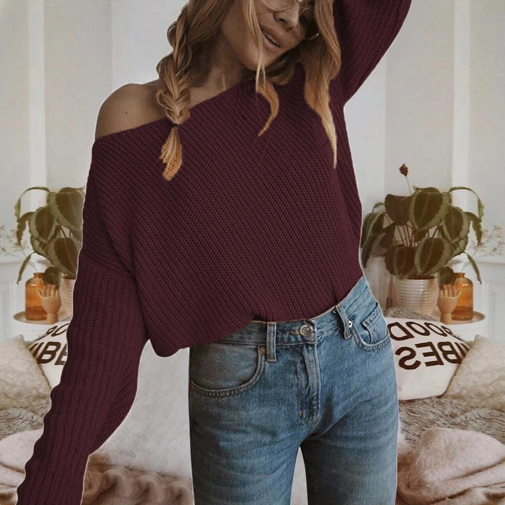 Womens Fashion Sexy Off Shoulder Knitted Sweaters Ladies Solid Color Long Sleeve Warm Slim Fit Casual Pullovers 2019 New | Женская