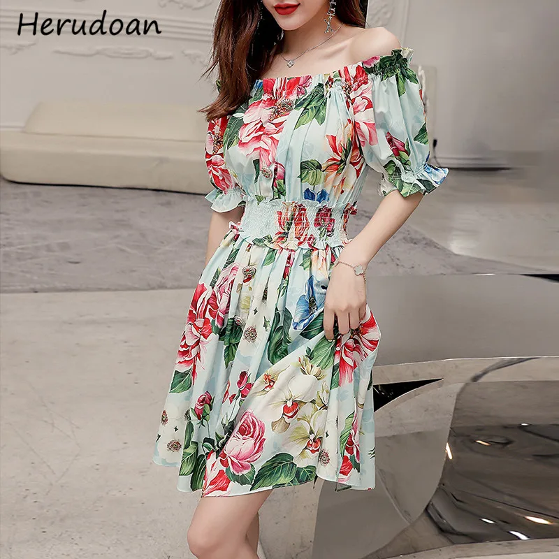 

Herudoan Fashion Runway Summer A-Line Dress Women Elegant Lantern Sleeve Ruffles Elastic Waist Print Vintage Mini Dress Vestidos