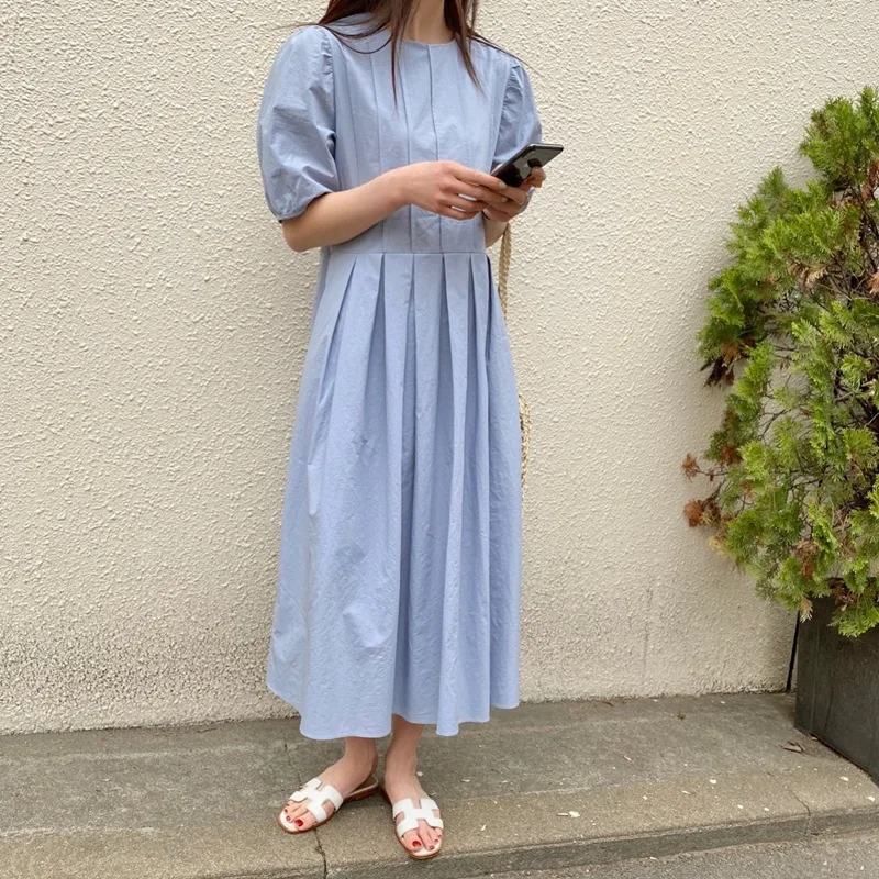 

Women's round neck five-point bubble sleeves with pockets solid color cotton and linen series casual loose long skirt
