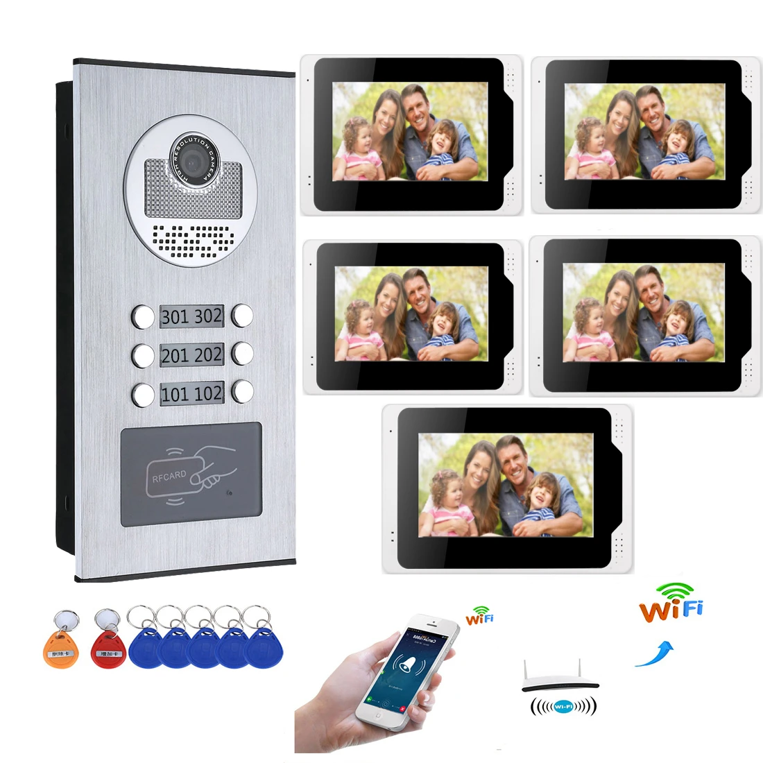 

7 inch Wired Wifi Apartments Video Door Phone Intercom System RFID IR-CUT HD 1000TVL Camera with 4/5 Apartment/Family
