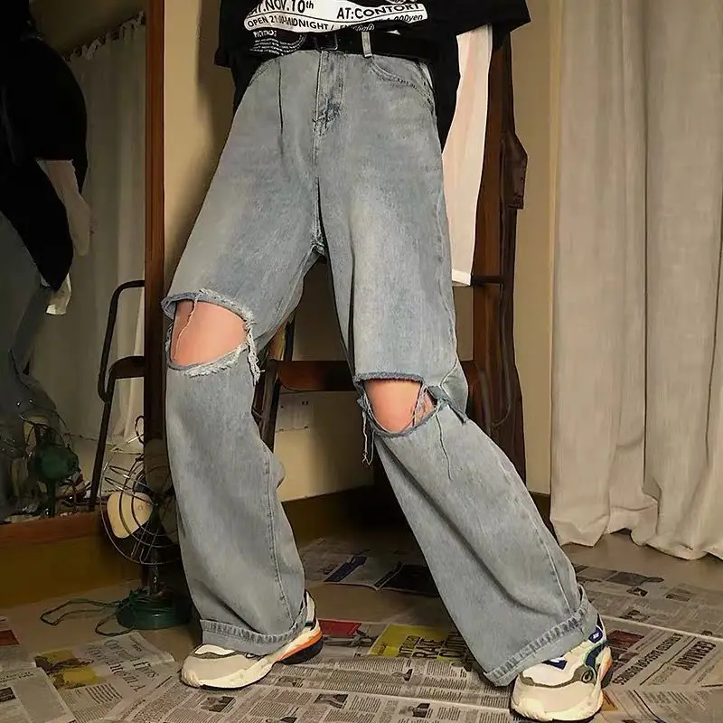 

Knee hole jeans women's wide leg pants straight pants loose high waist students' summer wear