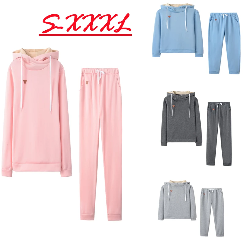 

2021 Trend Fashion Autumn Winter Women's Solid Color Sets Long Sleeve Hooded + Sweatpants Two Piece Set Warm Running Tracksuits
