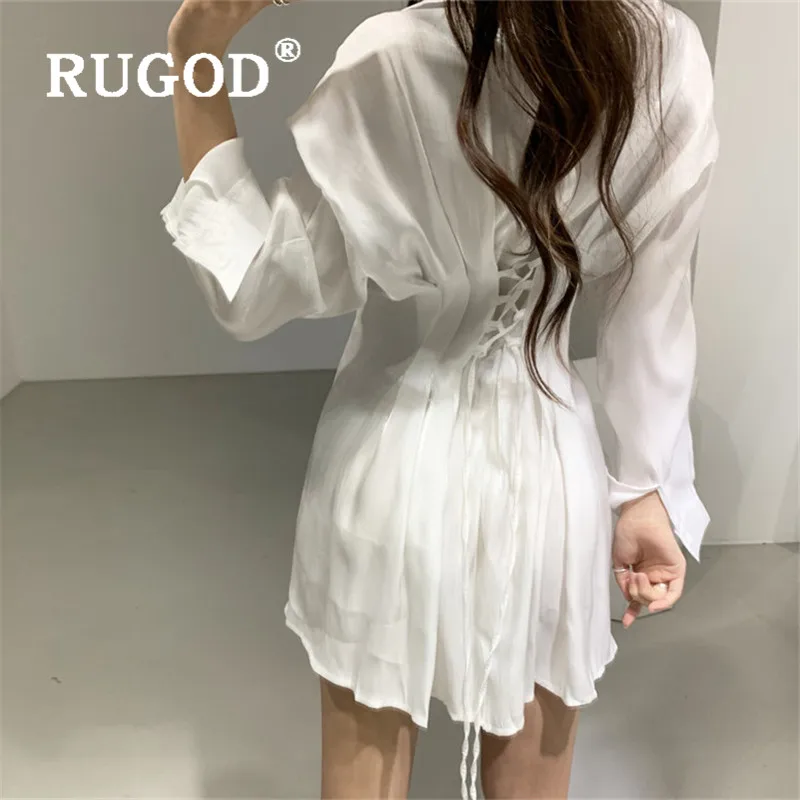 RUGOD Korean chic Floodlight women dress Elegant turn-down collat slim office ladies mini party Casual solid tunic dresses | Женская