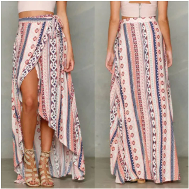 Women Skirt High Waist Boho Print Long Split Maxi Floral Print Beach Female Chic Vintage Ethnic Summer High Waist Chiffon Bottom