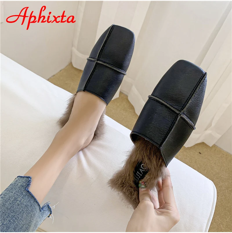 Aphixta/зимние теплые женские шлепанцы с натуральным кроличьим мехом; женские пушистые тапочки; женские шлепанцы на плоской подошве с квадратным носком