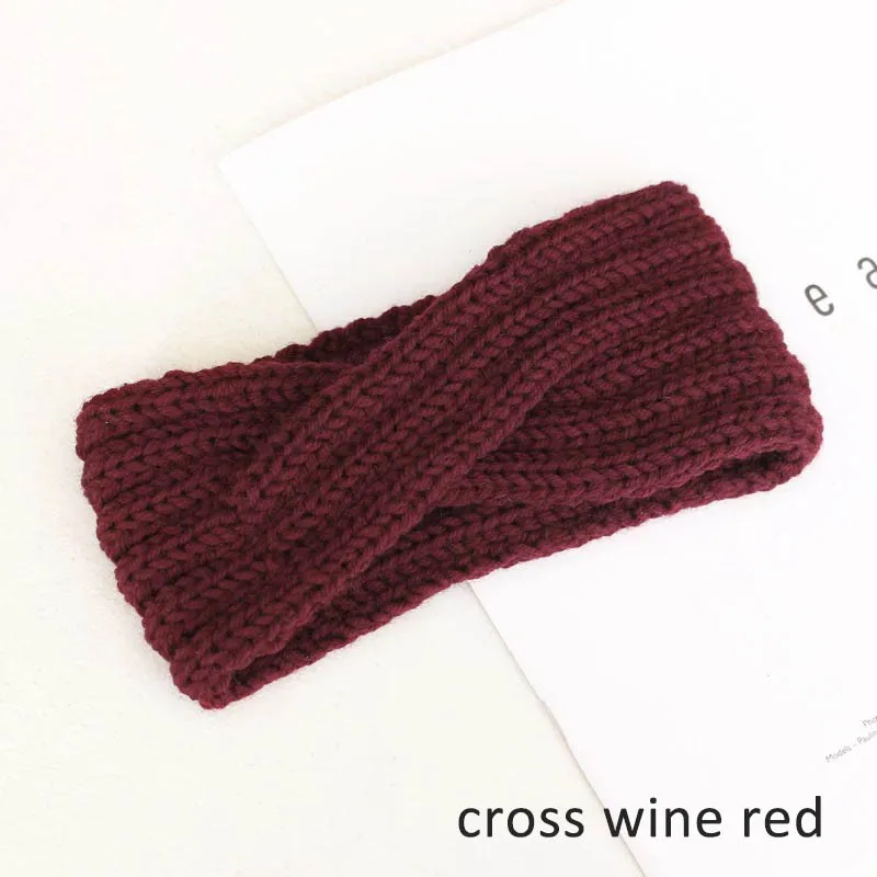 cross wine red Женская повязка на голову, зимняя теплая вязаная повязка на голову с ушками, вязаная повязка на голову с бантом, широкая растягивающаяся повязка на голову, широкий тюрбан, повязка на голову для девочек - Цвет: cross wine red