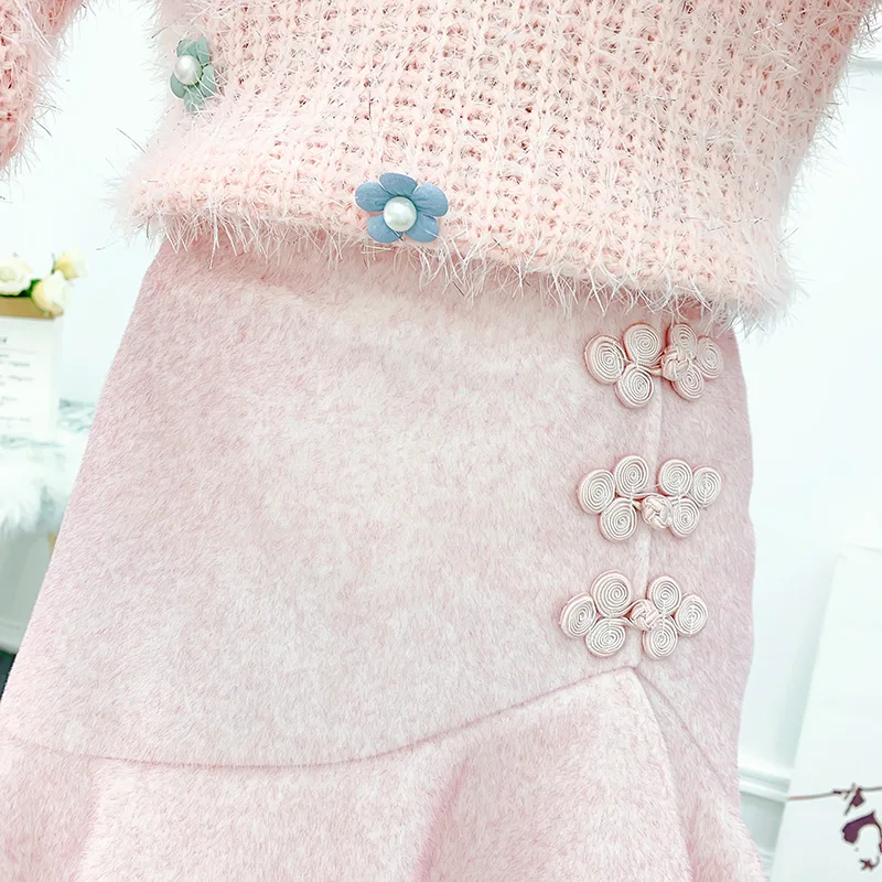

Floral Sweater Knitted Suit Buckle Fishtail Skirt Two-Piece Outfit Women Clothing Set Knitwear Top Pullover Suit Girl Couture