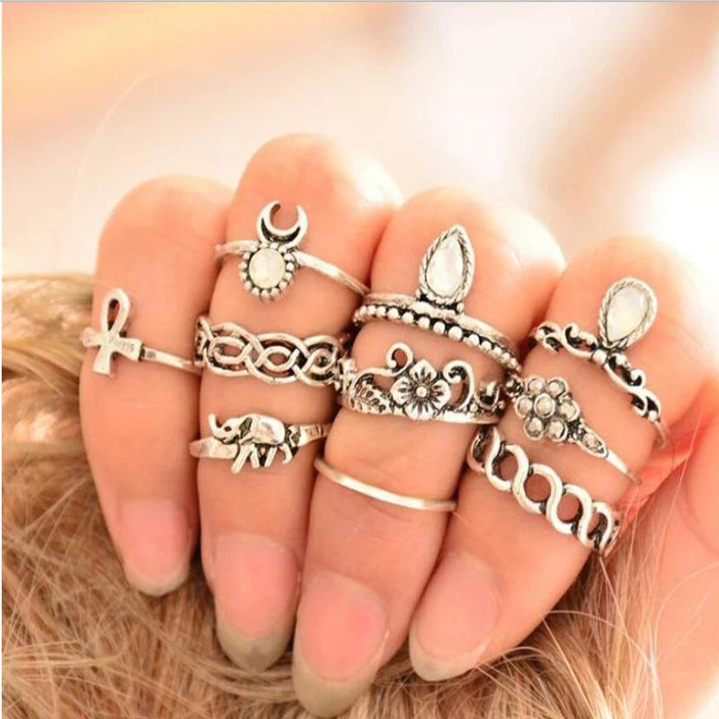 

Personality 10Pcs/set Flower Midi Ring for Women Boho Beach Vintage Rings Silver Gold Color Jewelry Party Gift Accessories