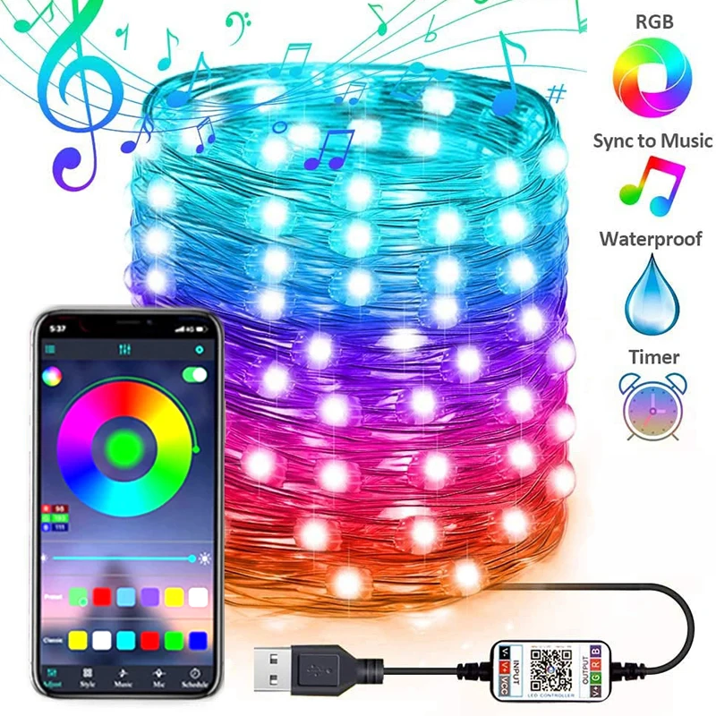 

USB LED String Light Bluetooth App Control Copper Wire String Lamp Waterproof Outdoor Fairy Lights for Christmas Tree Decoration