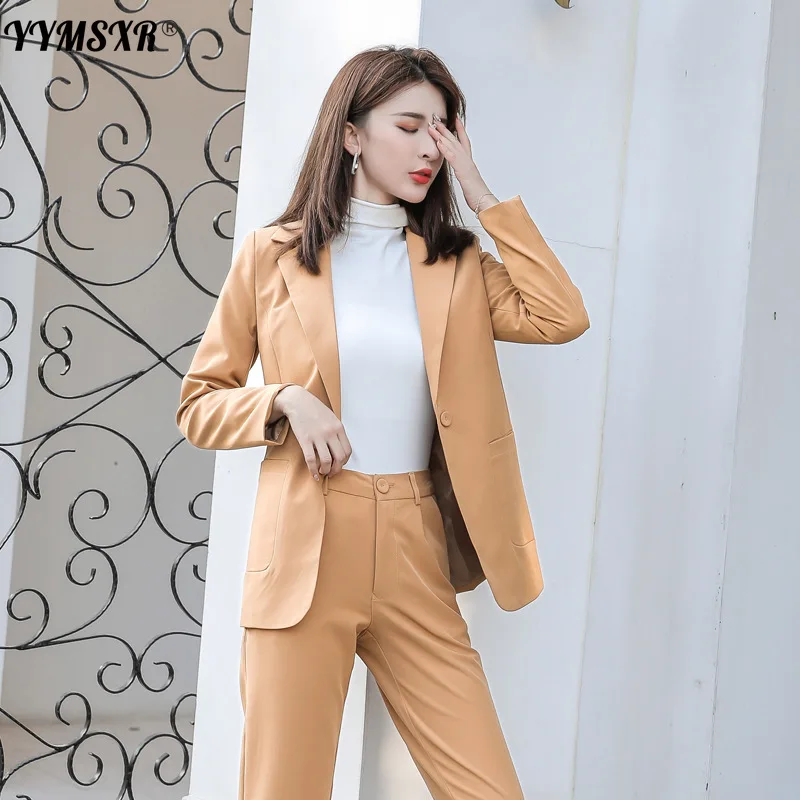 Autumn Women's Fashion Temperament Pure Color Ladies Long-sleeved Office Suit + Slim High-waist Nine-point Pants Two-piece