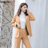 autumn womens fashion temperament pure color ladies long sleeved office suit slim high waist nine point pants two piece