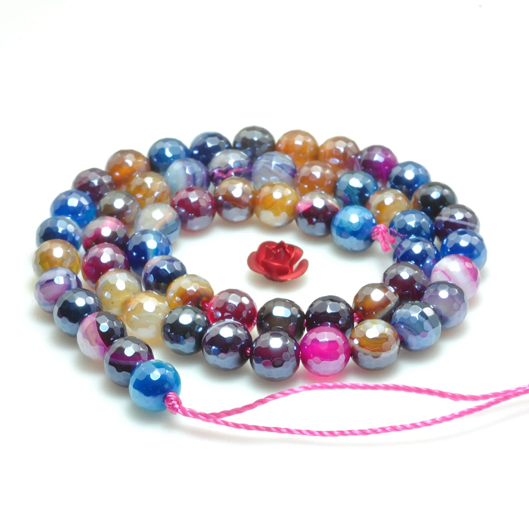 

ICNWAY Color Striped Agate Natural Gemstone 6-8mm Beads Facted Round for Silver 925 Jewelry Necklace Earring 15inch