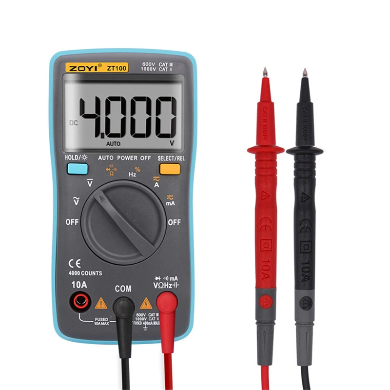 ZT100 Цифровой мультиметр 4000 отсчетов задний светильник AC/DC Напряжение Амперметр Ом 9,999 МГц Частота Диод Мини карманный вольтметр