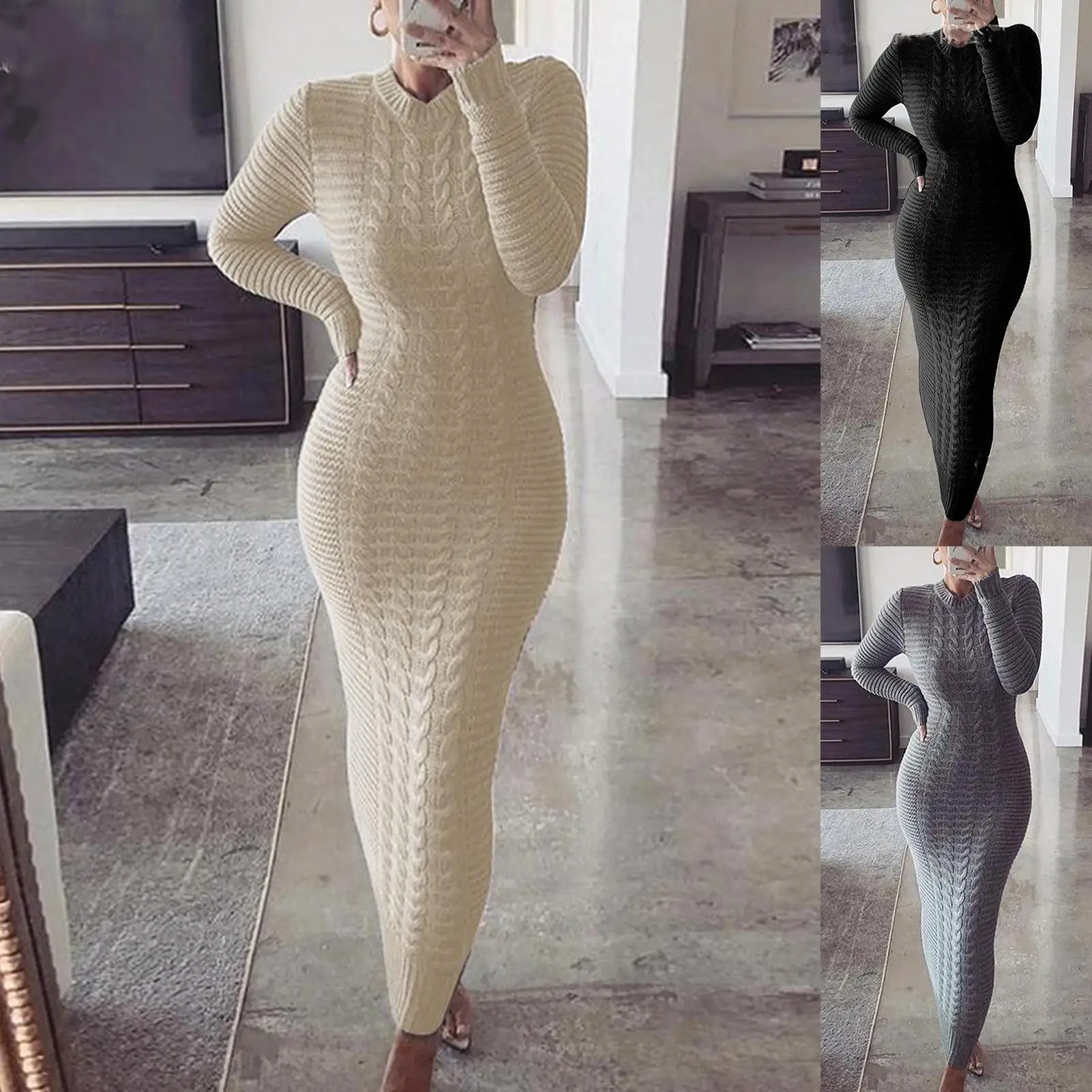 

Women Autumn Winter Long Sleeve Twisted Knitted Wear Bodycon Warm Maxi Sweater Pullover Dress