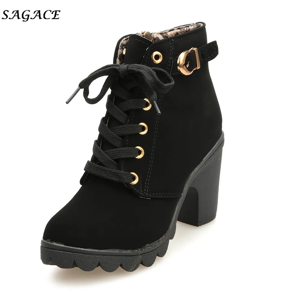 SAGACE Shoes Winter Ankle Boots For Women Round Toe Lace-up Buckle PU Fashion Warm Ladies 5.5cm Heel Martin | Обувь