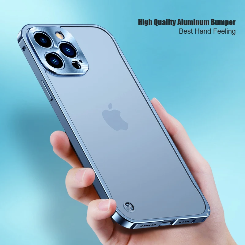 

Aluminum Bumper Metal Shockproof Phone Case For iPhone 13 12 11 Pro MAX Camera Lens Protector Matte PC Transparent Back Cover