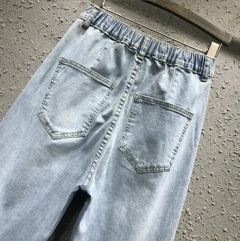 

New fashion women jeans personality side beaded slim high waist loose beam harem pants Plus size 2xl r1792