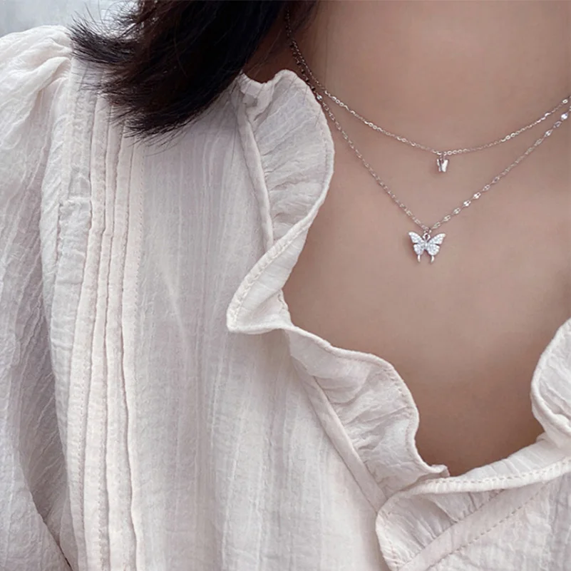 Женское Двухслойное ожерелье колье с подвеской бабочкой украшение в Корейском