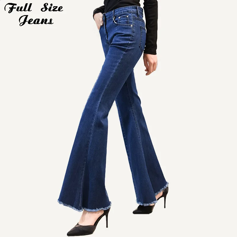 

Plus Size Dark Blue Big Bell Bottom Long Jeans For Women 3Xl 7Xl Spring Wide Leg Tassel Fringe Stretch Skinny Flare Jeans