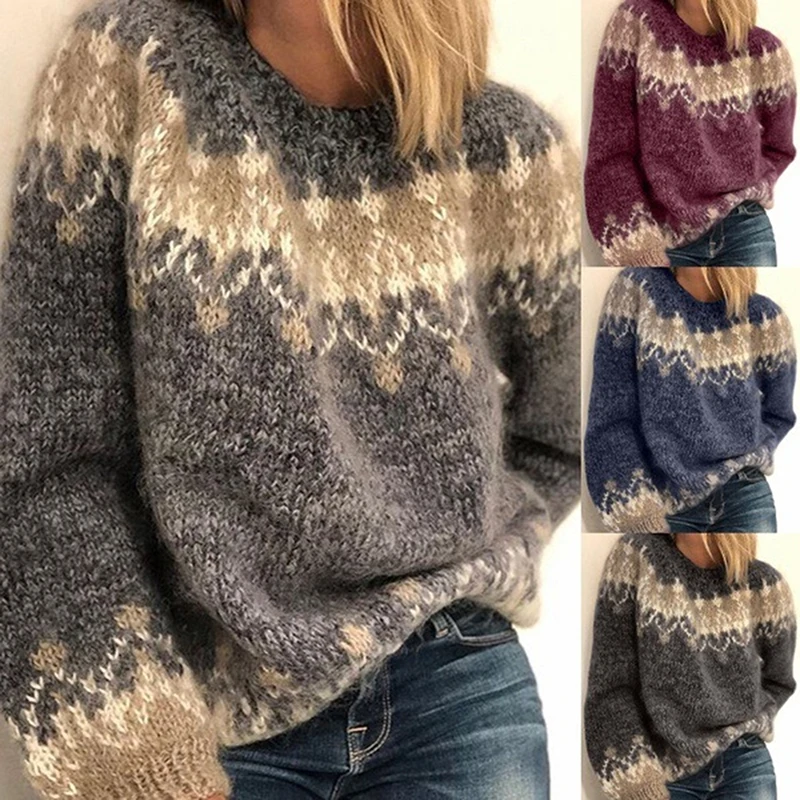 

Pullover Casual Imitation Mohair Acrylic Coarse Yarn Jacquard Women Sweater High Temperature Setting Long Sleeve Lady Sweater