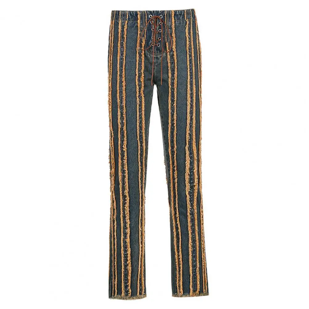 

Jeans Lace Up Straight Pants Women Rough Selvedge Stripes Denim Straight Trousers for Street