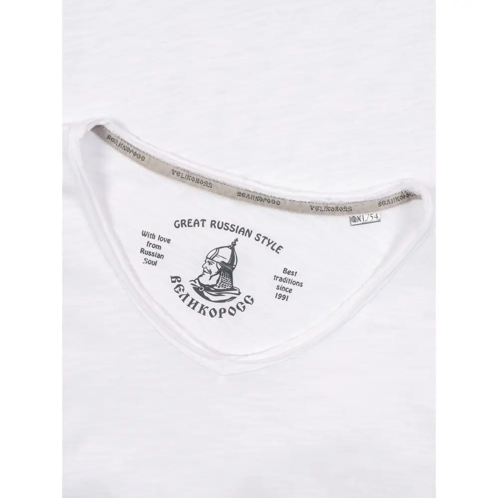 Лонгслив Великоросс однотонный белого цвета V образный дизайнерский вырез