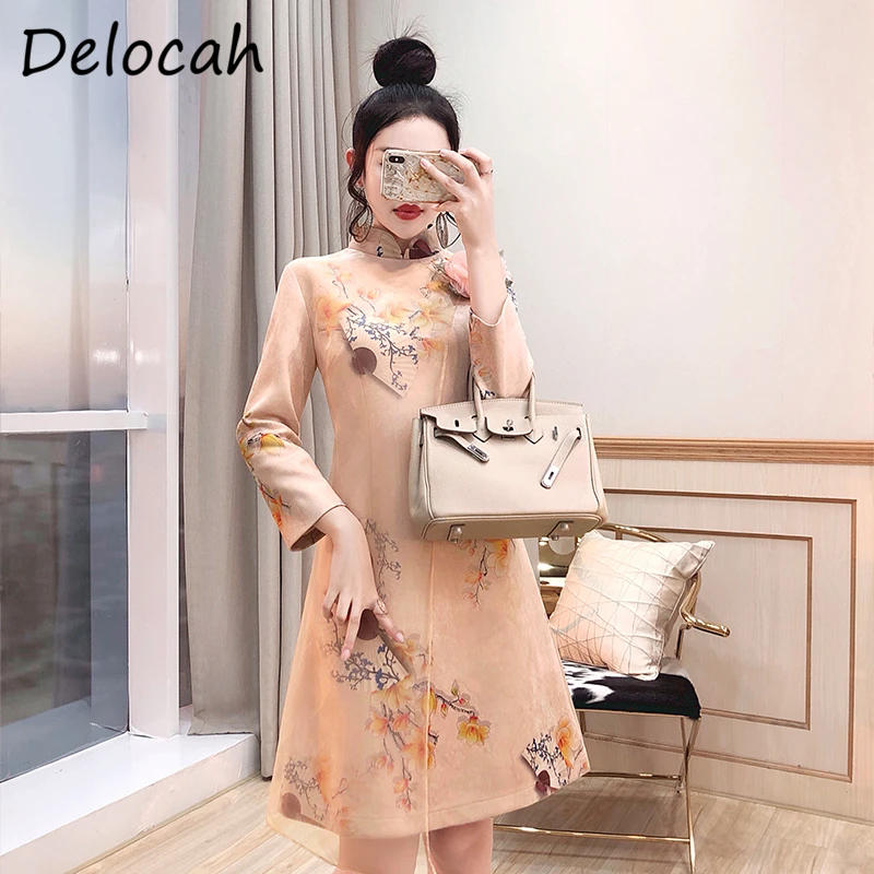 

Delocah женская летняя обувь модные взлетно-посадочной полосы вечерние платье трапециевидной формы Великолепное модное платье с длинными рук...