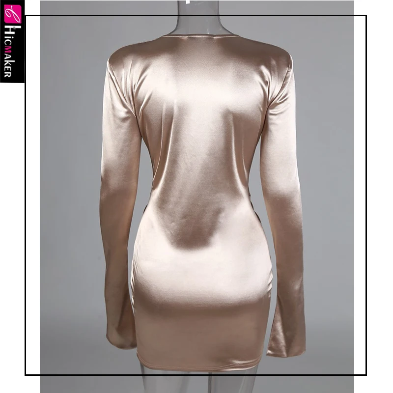 Plunge Twisted Design Slit Cuff Dress Women Chic Long Sleeve Bodycon Solid Spring Fall Sexy& Club Party Dress