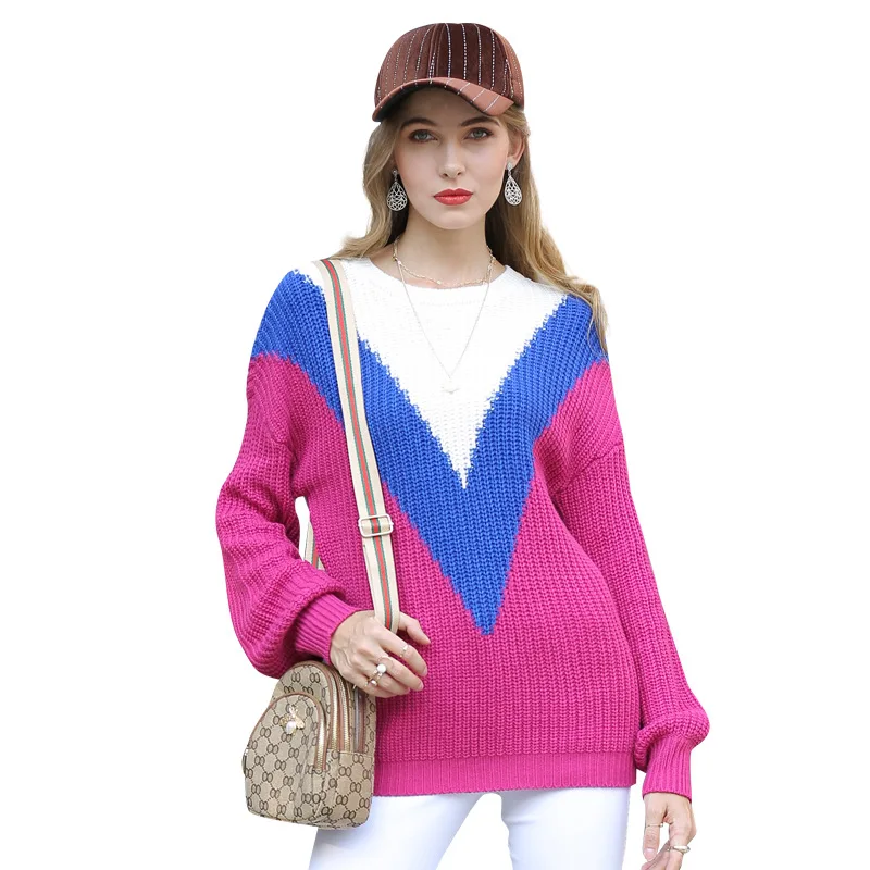 

Autumn Winter 2019 European American Women's Geometric Contrast Color O-Neck Sweater Women's Knitted Pullover Sweaters