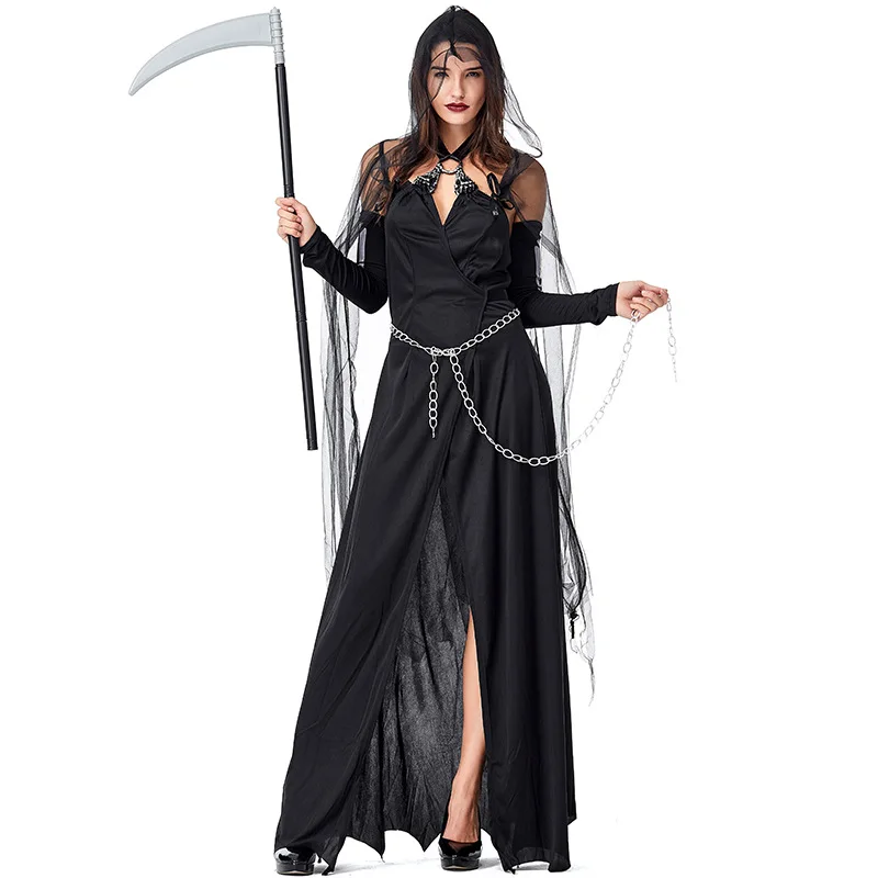 Черный готический Мрачный Жнец женская Ведьма Косплей Женский Хэллоуин колдун