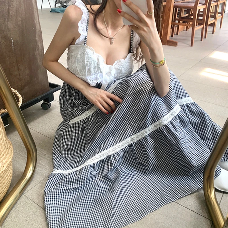 

GALCAUR Patchwork Plaid Dress For Women V Neck Sleeveless Sexy Sling Lace Hit Color Ruched 2020 Summer Fashion New Clothing