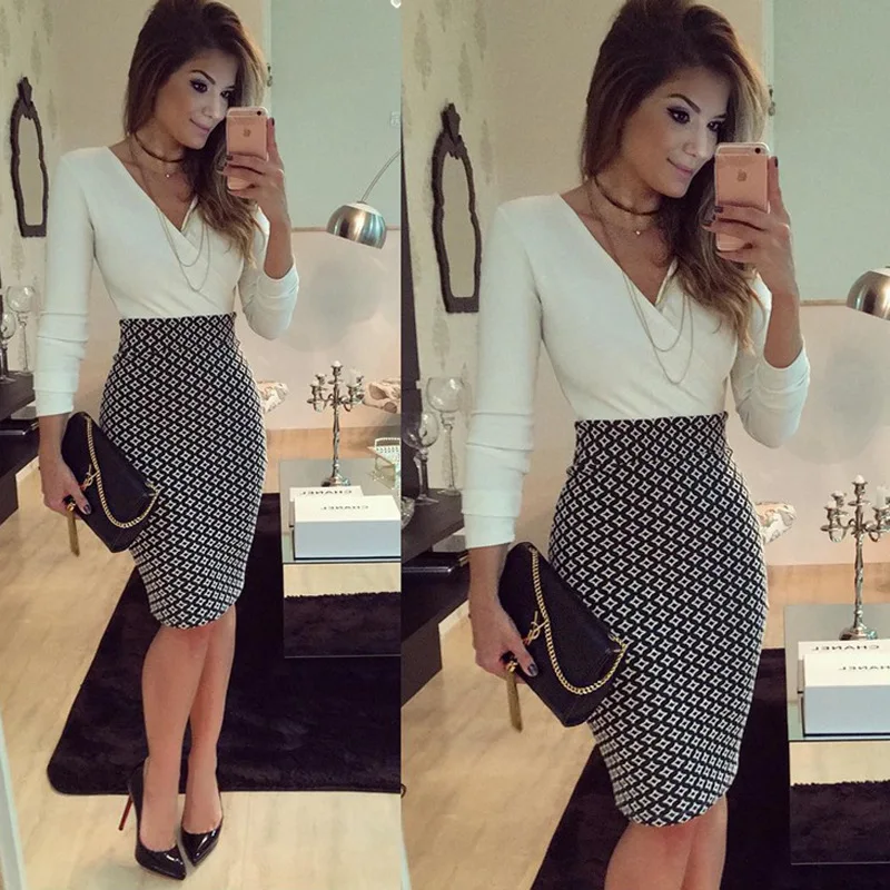 

2019 new long-sleeved fashion stitching slim bag hip pencil dress women's clothing